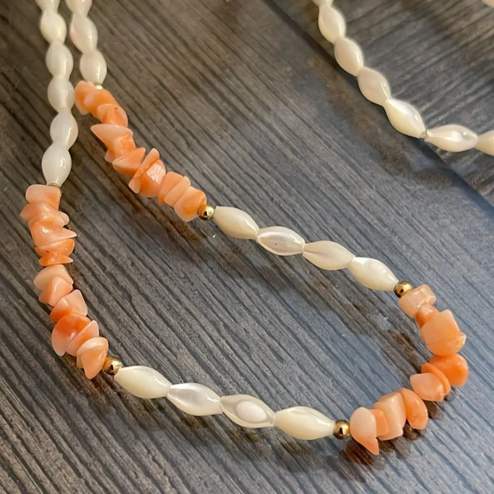 Vintage Lucoral Single Strand Coral & Mother of Pearl Necklace Rice Beads